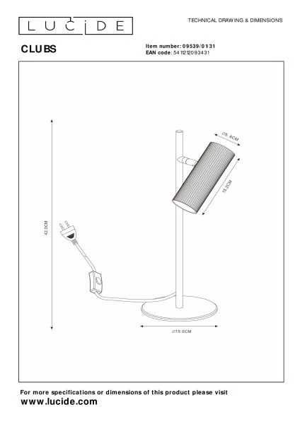 Lucide CLUBS - Schreibtischlampe - 1xGU10 - Weiß - technisch